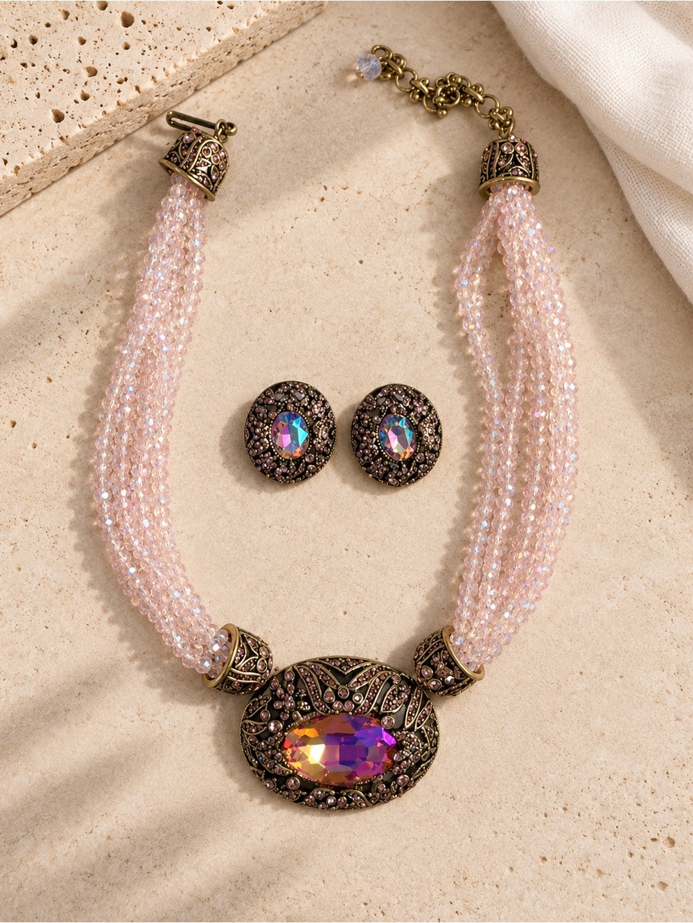 Vintage Inspired Pink Crystal Necklace & Earrings Set - Picture 5 of 5